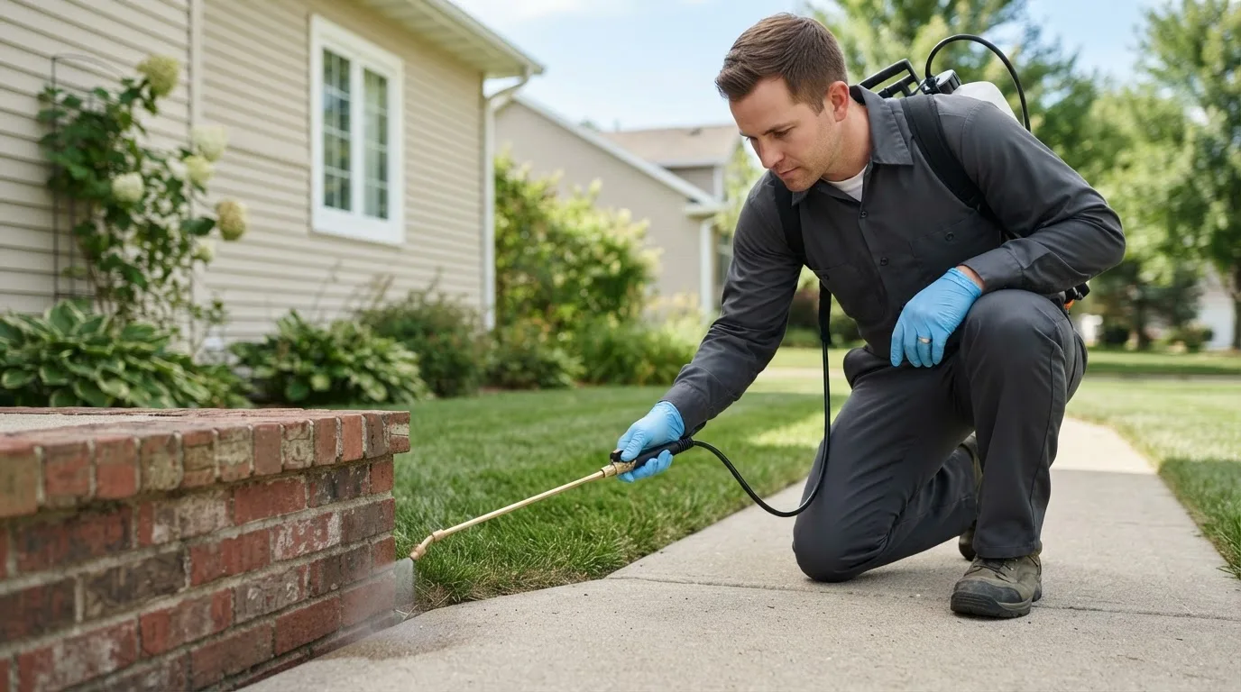 Pest control technician treating a home near Jamesville, NY