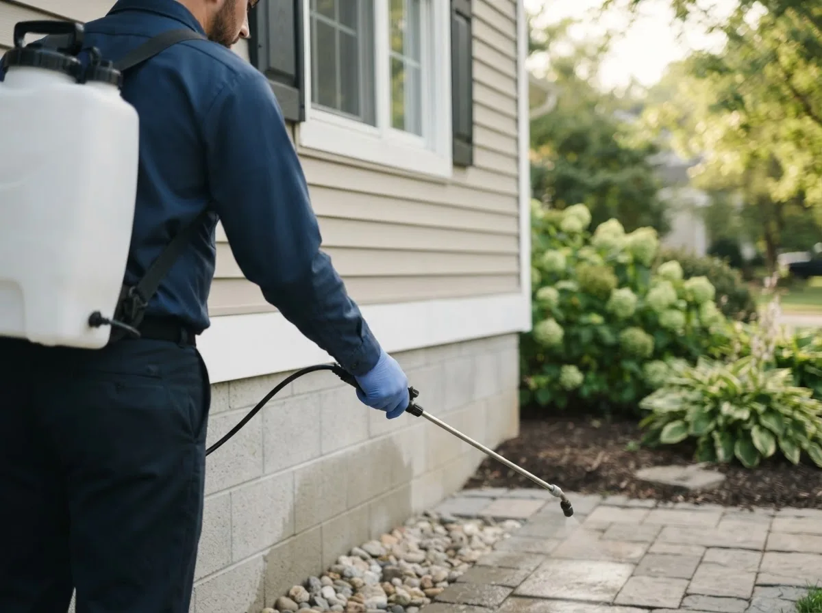 Pest control technician inspecting a home in Jamesville, NY
